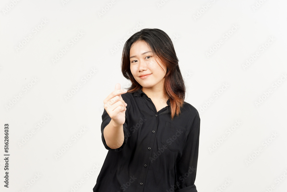 Showing Korean love finger of Beautiful Asian Woman Isolated On White Background Showing Korean love finger of Beautiful Asian Woman Isolated On White Background