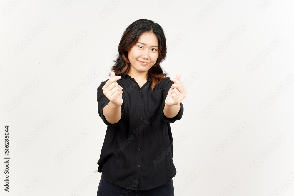 Showing Korean love finger of Beautiful Asian Woman Isolated On White Background Showing Korean love finger of Beautiful Asian Woman Isolated On White Background