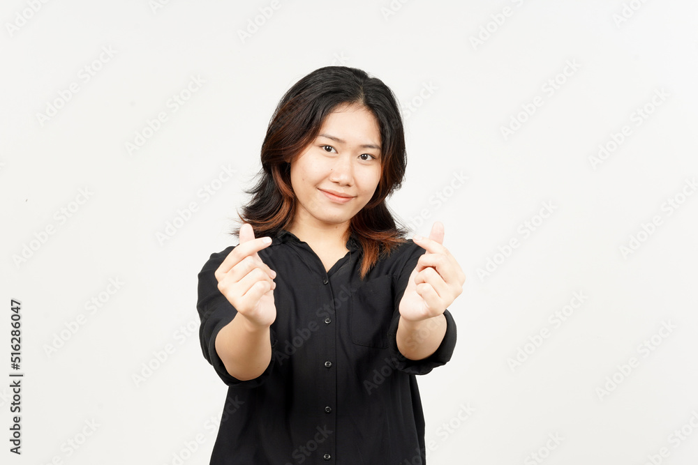 Showing Korean love finger of Beautiful Asian Woman Isolated On White Background Showing Korean love finger of Beautiful Asian Woman Isolated On White Background