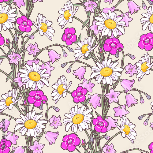 Vector seamless pattern with bright meadow flowers