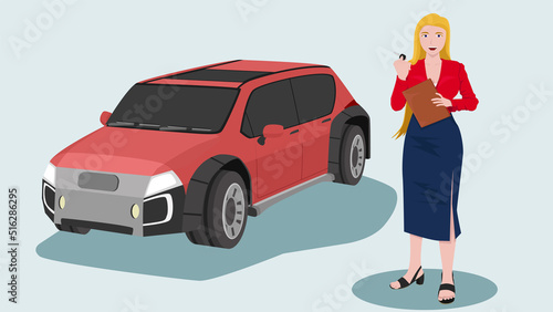 ฺBeautiful western young car salesgirl stood holding documents and showing the car key. Uniform red shirt and navy blue long skirt. Eco car cross-over EV-car. Isolate background soft blue color.