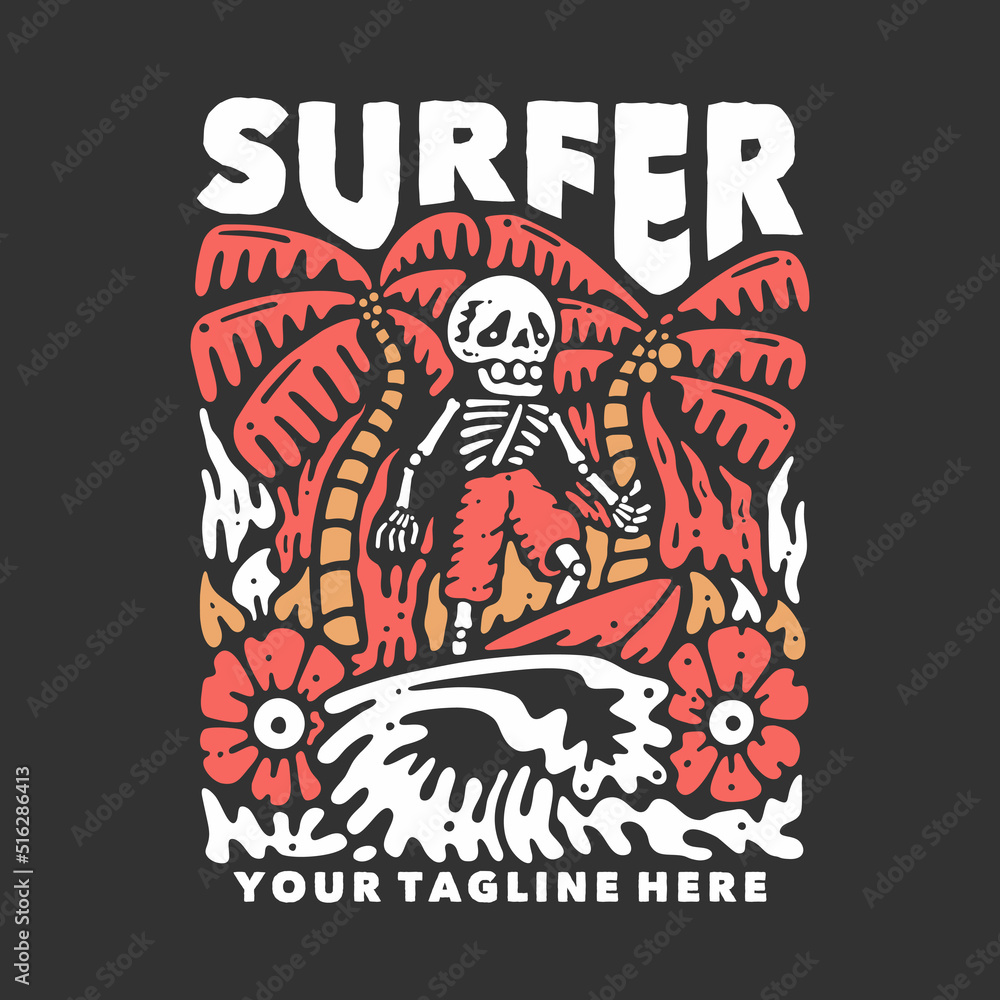 t shirt design surfer with skeleton doing surfing with gray background vintage illustration