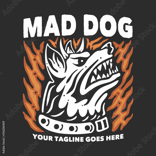 t shirt design mad dog with horned angry dog and gray background vintage illustration