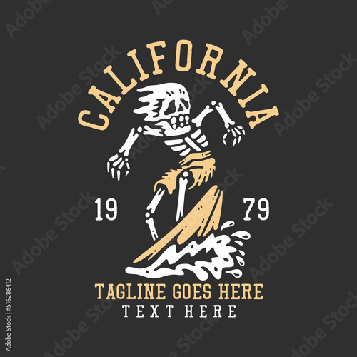 t shirt design california with skeleton doing surfing with gray background vintage illustration