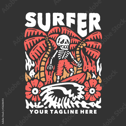 t shirt design surfer with skeleton doing surfing with gray background vintage illustration