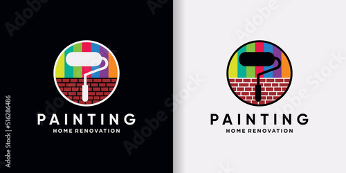 Painting logo design template with rainbow color and creative element Premium Vector