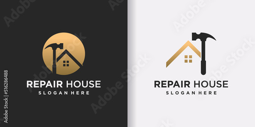 Repair house logo template with hummer and creative concept Premium Vector