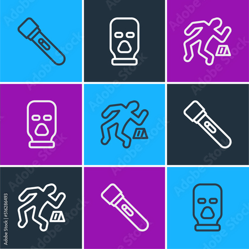 Set line Flashlight, Crime scene and Balaclava icon. Vector