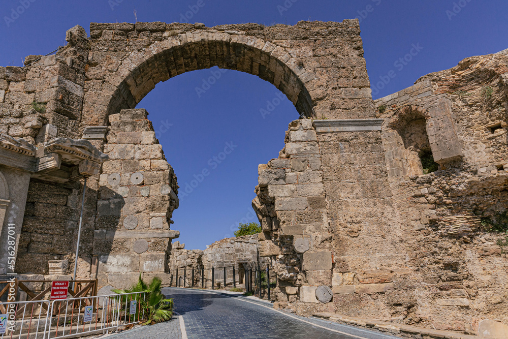 Large stone gate next to Vespasian Fountain in Side, Turkey