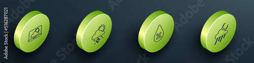 Set Isometric line Weather forecast, Cloud with snow and sun, Water drop percentage and rain moon icon. Vector