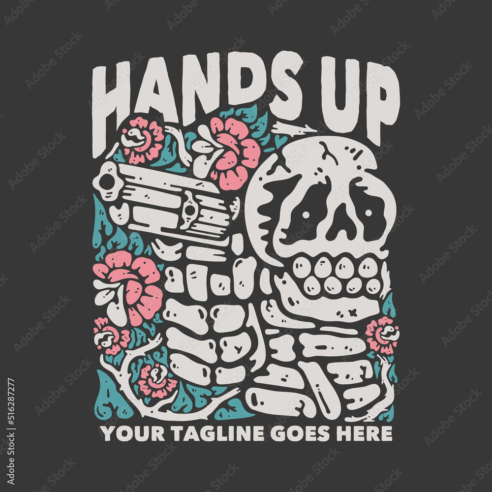t shirt design hands up with smiling skeleton holding a gun with gray background vintage illustration