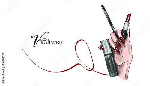 Female hand with red lipstick. Hand drawn lipstick. Perfect red lips Inspirational vector typography. Hand drawn holiday lettering. Ink illustration. Modern brush calligraphy. But first makeup
