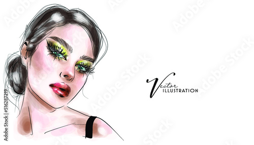 Woman face with closed eyes makeup sketch. Make up artist business card design, cosmetics banner background, beauty invitation.