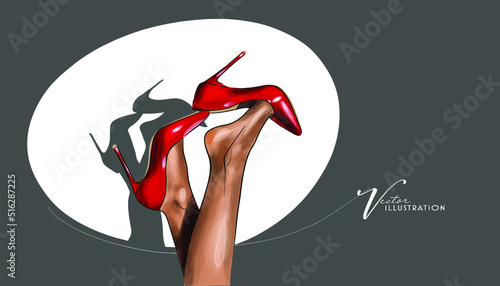 Illustration with legs of woman in fashion summer red shoes