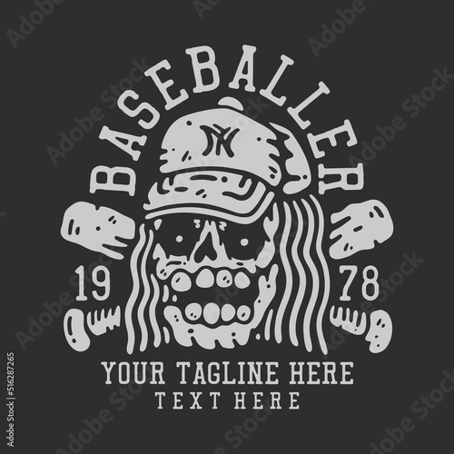 t shirt design baseballer 1978 with skull wearing baseball hat with gray background vintage illustration