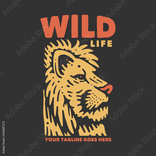 t shirt design wild life with lion face and gray background vintage illustration