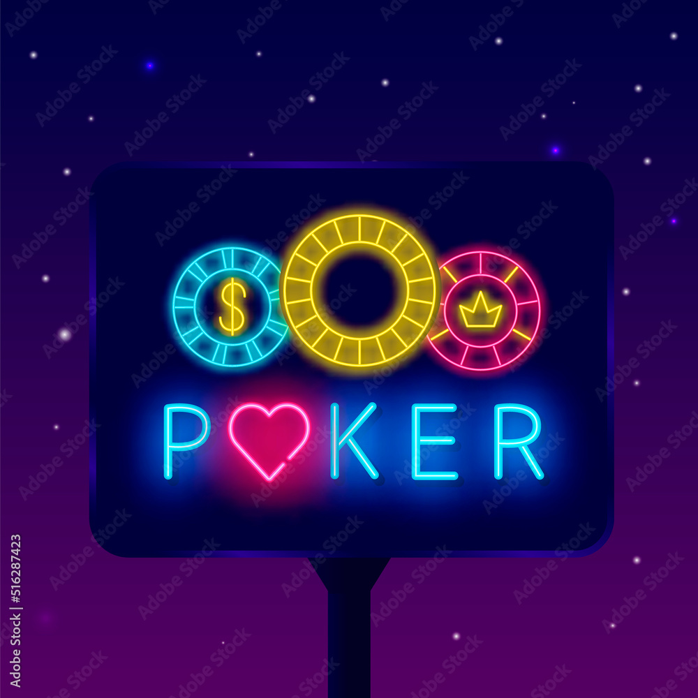 Fototapeta premium Poker club neon billboard with chips. Card games lover. Bright street advertising. Online gambling. Vector illustration