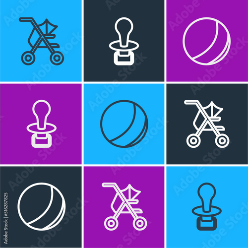 Set line Baby stroller, Beach ball and dummy pacifier icon. Vector