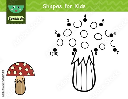 Dot to dot game for kids. Connect the dots and draw a cute mushroom. Learning semicircle shape activity page. Vector illustration