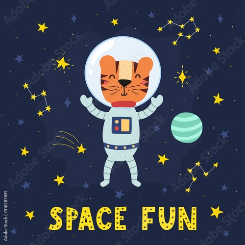 Space Fun print with a cute tiger astronaut. Cosmic card in cartoon style with a funny character, planet and hand drawn lettering. Great for t-shirts and apparel. Vector illustration