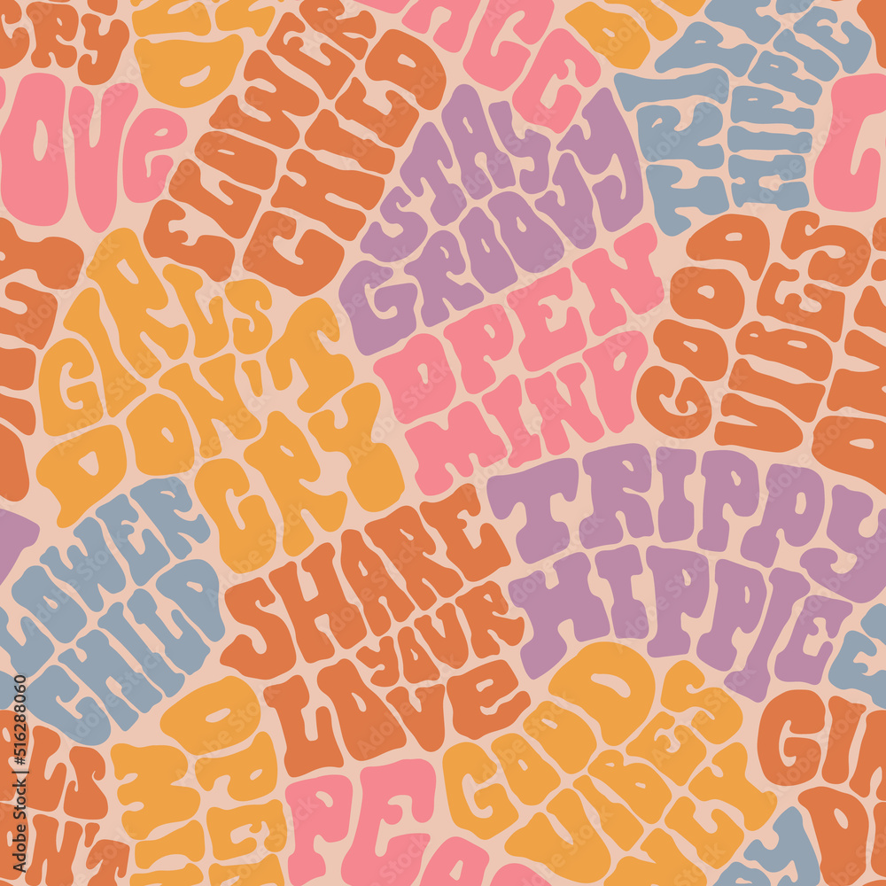Groovy hippie psychedelic lettering seamless pattern. Warped doodle typography stickers for summer inspiration print. 70s retro print with positive motivational phrases.
