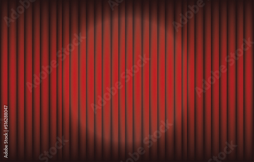 Red curtain with stage light background.Spotlight on theater.Cinema or circus.Circle light.Broadway concept.Scene or club.Theatrical drapes.Template or banner.Wallpaper.Realistic vector illustration.