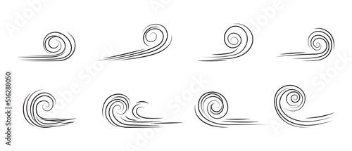 Blowing wind doodle. Outline wind movement symbol isolated on white background. Hand drawn air wave icon. Climate sketch element. Vector decorative dash lines in the shape of a curve.