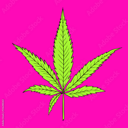 Green marijuana leaf with black outline isolated on pink background in neon colors. Vector illustration.
