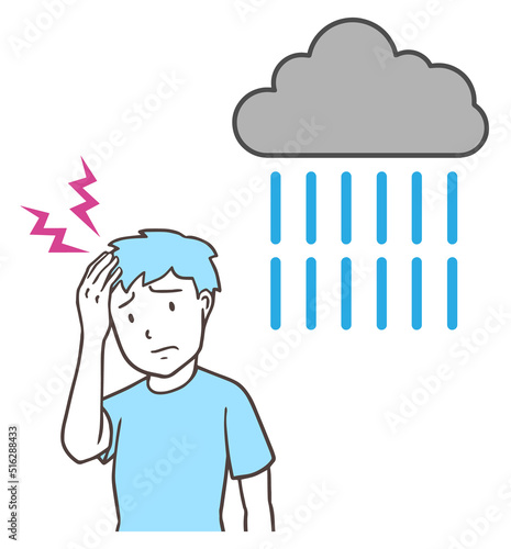 雨の日に頭痛になる男性、低気圧頭痛、天気痛、シンプル