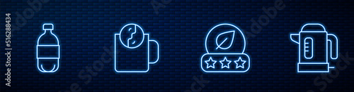 Set line Tea leaf, Bottle of water, time and Electric kettle. Glowing neon icon on brick wall. Vector