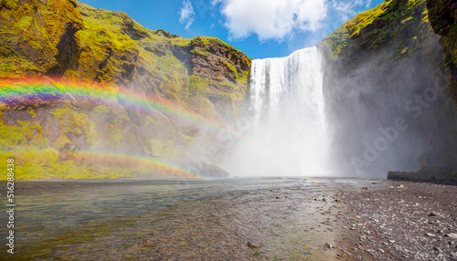 Icelandic Landscape concept - View of famous Skogafoss waterfall and amazing rainbow