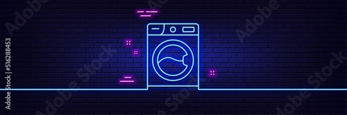 Neon light glow effect. Washing machine line icon. Cleaning service symbol. Laundry sign. 3d line neon glow icon. Brick wall banner. Washing machine outline. Vector
