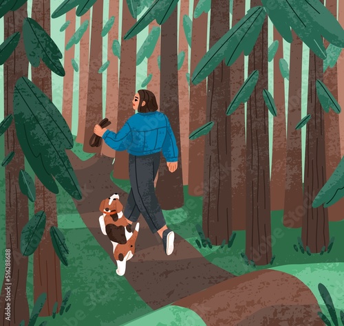 Person and dog walking in forest among trees. Puppy owner going away along footpath with doggy companion. Woman and animal in nature, woods. Girl strolling with pup friend. Flat vector illustration