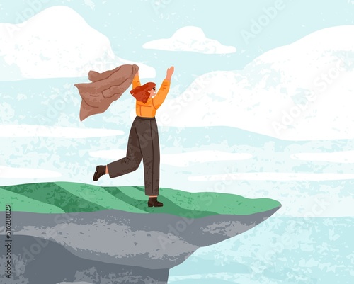 Happy free woman rejoicing on top, edge of mountain cliff. Person gesturing arms up, feeling independent, looking at sea view landscape. Freedom, unity with nature concept. Flat vector illustration