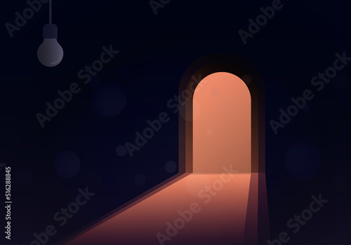 Light coming in through open arched door into a dark room with an unlit lamp. Concept of Hope, new possibilities, solution finding, overcome problems. Quit the routine, get out of state of discomfort