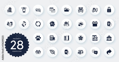 Set of Business icons, such as Calculator alarm, Medical tablet and Dating app flat icons. Circus tent, Search car, Sunny weather web elements. Currency rate, Calendar, Support chat signs. Vector