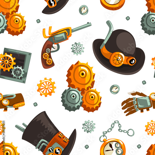 Steampunk Retrofuturistic Technology with Industrial Steam-powered Mechanism Vector Seamless Pattern