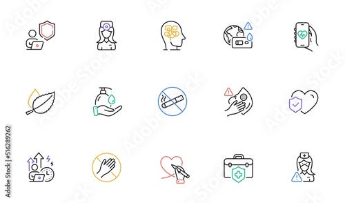 Wash hands, Stress and Health app line icons for website, printing. Collection of Covid test, Oculist doctor, Nurse icons. Difficult stress, Dirty mask, No smoking web elements. Vector