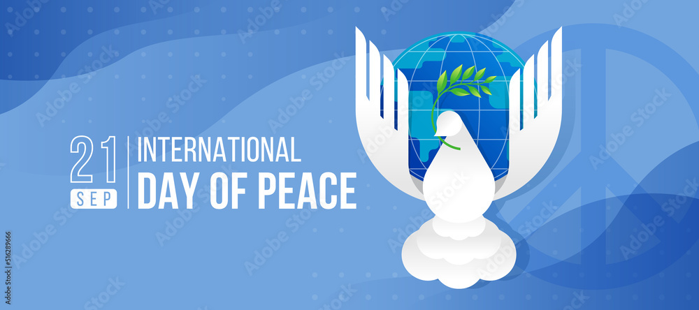 International day of peace - abstract modern white pigeons flying and holding olive branch with wings hands hold circle globe on blue background vector design