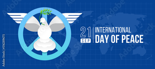 International day of peace - abstract modern white pigeons flying and holding olive branch on circle peace sign on blue map world texture background vector design
