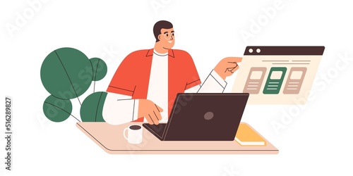 Person passing online test, exam, choosing answer to question. Man student at laptop, making choice in internet. Digital survey, poll. Flat graphic vector illustration isolated on white background