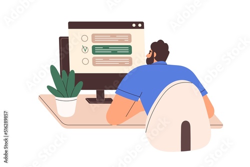 Person choosing answer in online test on computer screen. Man student checking knowledge via internet, passing digital exam, quiz. Flat graphic vector illustration isolated on white background