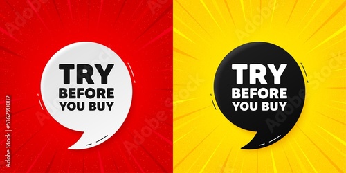 Try before you buy tag. Flash offer banner with quote. Special offer price sign. Advertising discounts symbol. Starburst beam banner. Try before you buy speech bubble. Vector
