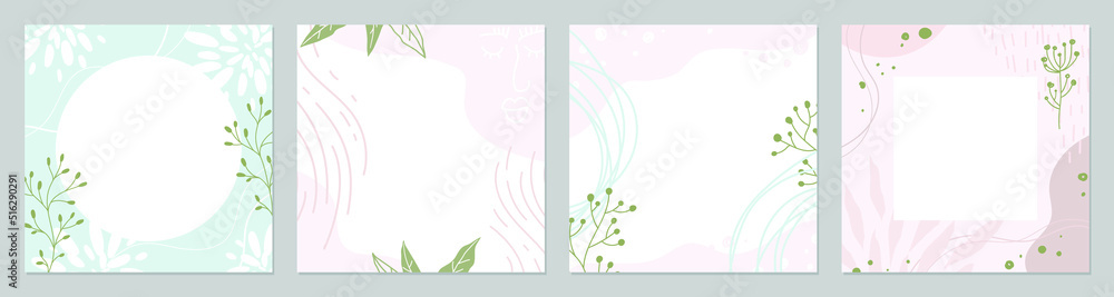 Set of artistic abstract square templates with floral elements. Modern vector for social media, internet publishing, advertising banners
