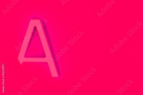 Letter A Is red on red background. Part of letter is immersed in background. Horizontal image. 3D image. 3D rendering.