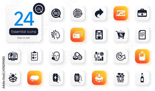 Set of Business flat icons. Medical drugs, Cooler bottle and Sales diagram elements for web application. Restaurant app, First aid, Creative idea icons. Beer, Voting campaign. Vector