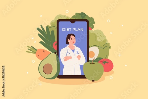 Online consultation with a nutritionist about a diet plan. Smartphone beside vegetables