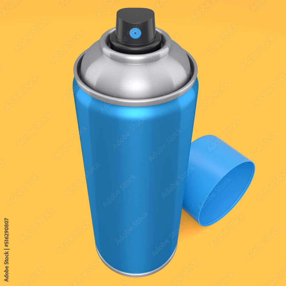 Can of spray paint isolated on yellow background. Spray bottle and dispenser