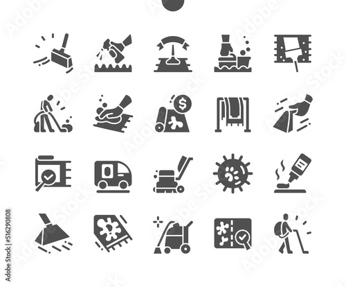 Carpet cleaning. Detergent. Best quality cleaning. Special stain remover. Industrial vacuum. Vector Solid Icons. Simple Pictogram