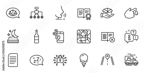 Outline set of Ice cream, Security lock and Document line icons for web application. Talk, information, delivery truck outline icon. Include Metro map, Sleep, Justice scales icons. Vector